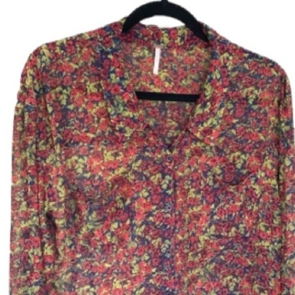 Free People shirt roll tan sleeve button down slight hi low semi sheer floral XS - Picture 5 of 5